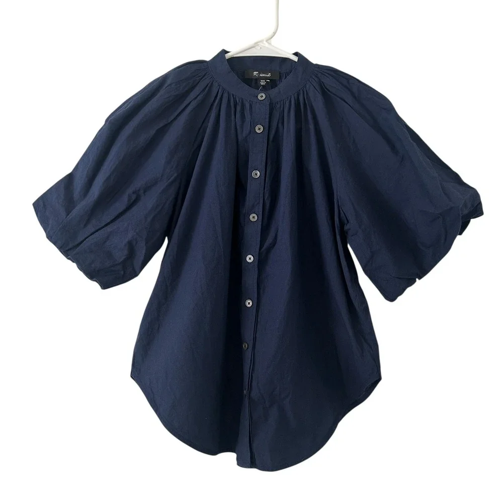 Madewell Women's Shirred Balloon-Sleeve Top Lawn Cotton Voile Blue XXS New